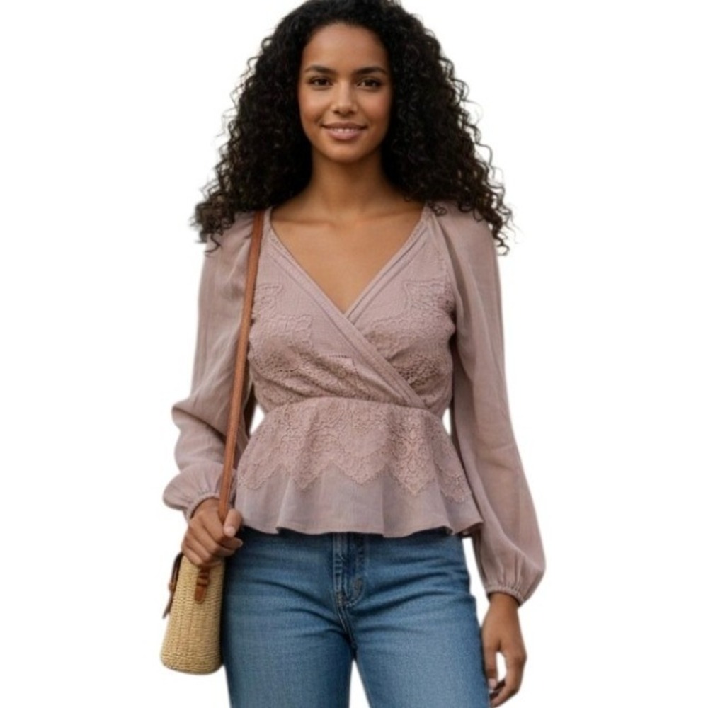 Lulu's Mauve Lace Wrap Peplum Blouse